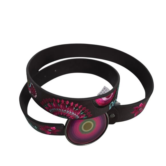 Desigual Embroidered Floral Belt Brown Faux Leather Statement Round Buckle Large - Picture 14 of 15